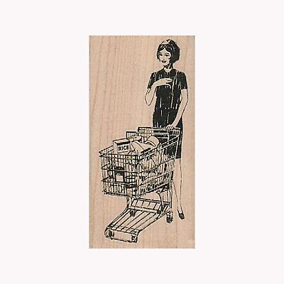 #ad Mounted Rubber Stamp Shopping Cart Lady Retro Housewife 50s Shopper Lady $10.45