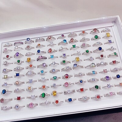 #ad 100Pcs Wholesale Colorful Crystal Mixed Rings Bulk Finger Band Ring Jewelry Lot $92.99