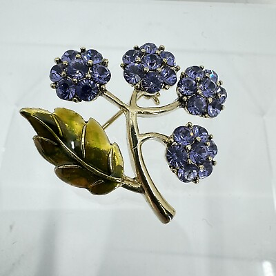 #ad Vintage 1960s Purple Rhinestone Flower Green Enamel Leaf Brooch Pin Monet $15.99