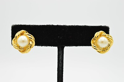 #ad Vintage Earrings Pierced Post Stud Round Pearl Gold Rope Statement 1980s Bin4 $15.16
