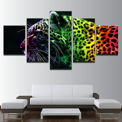 #ad 5D Colorful Leopard Animal Painting 5 Panel Canvas Print Wall Art Home Decor $171.96