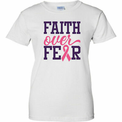 #ad Faith Over Fear Breast Cancer Awareness Womens T Shirt Pink Ribbon White $17.49