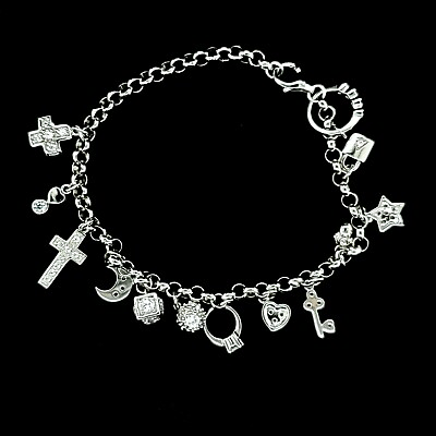 #ad 925 Sterling Silver Solid Charm Bracelet with 13 pendants for Women gift for her $54.99