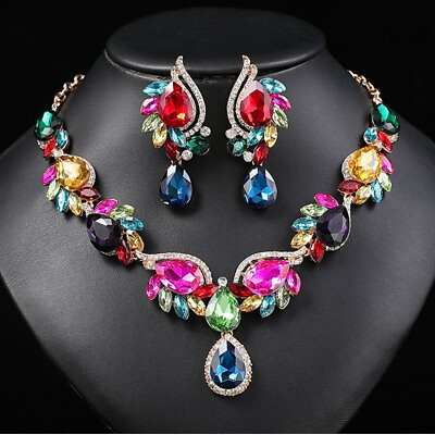 #ad Women#x27;s Glass Crystal Flower Teardrop Necklace Earrings Wedding Jewelry Set $16.99