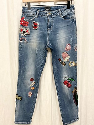 #ad RARE Bebe Y2K Sequin Patch Bedazzled Bling Skinny Jeans Size 28 Low Rise $60.00