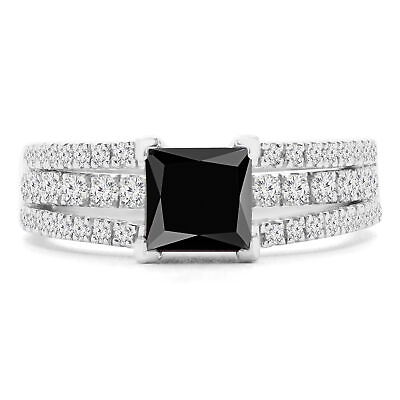 #ad 2.16 CT Princess AAA Black Diamond Pave Engagement Ring 14K White Gold $2789.00