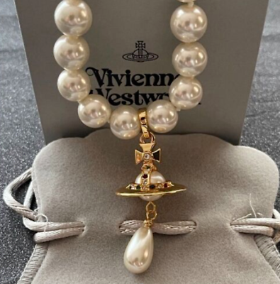 #ad Vivienne Westwood Orb Necklace Choker White 1 Row Drop Pearl 3D Gold Pendant $35.99