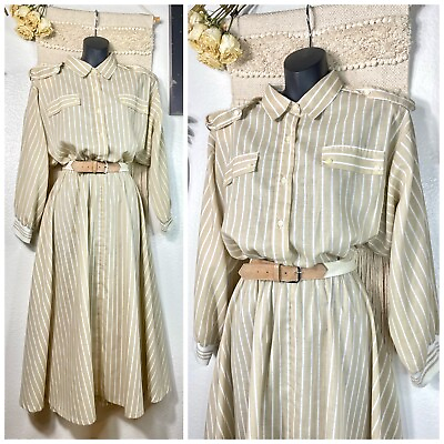 #ad Vintage IFI Beige Striped Dress Classic Midi Casual Style 70s 80s Dress Sz 18 $73.00