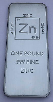 1 One Pound .999 Zinc Bullion Bar By Unique Metals $33.95