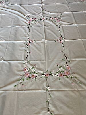 #ad Vintage Embroidered Desert Rose Rectangular Ivory Tablecloth 64quot; x 80” $43.99