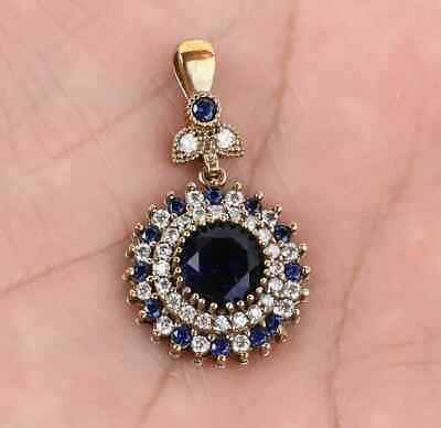 #ad 2 Ct Round Cut Lab Created Blue Sapphire Halo Pendant 14K Yellow Gold Plated $93.49