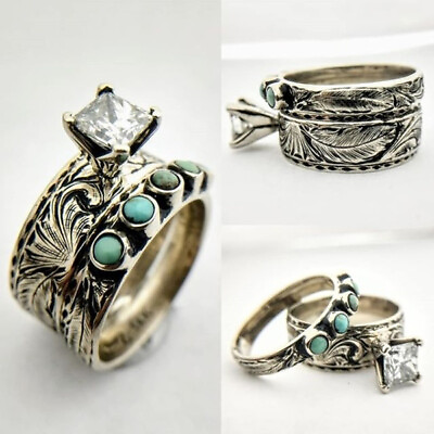 #ad Vintage Boho Jewelry 925 Silver Turquoise Gemstone Wedding Ring Women Men Sz5 11 C $4.13
