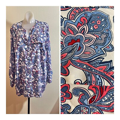 #ad Charter Club Plus Size 2X Blue Pink Coral Colorful Paisley Long Sleeve Blouse $9.68