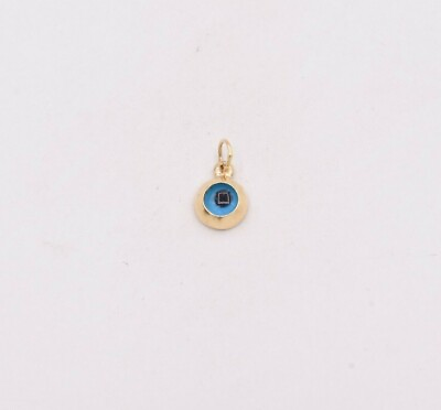 #ad Round Small Ocean Blue Evil Eye Charm Pendant Real 14K Yellow Gold $43.99