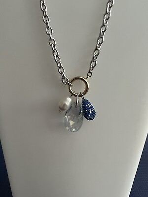 Swarovski The Elements Necklace Short BlueWhite Pearl Crystals Rhodium Plated $55.00