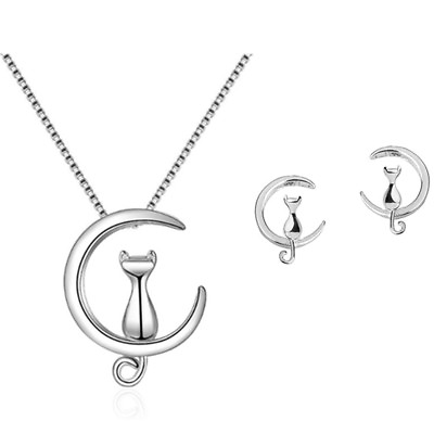 #ad Cat Moon Stud Earring Pendant Necklace 925 Sterling Silver Womens Jewellery Gift GBP 4.47