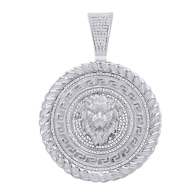 #ad Lion Head Circle Pendant 14K White Gold Plated Sterling Cubic Zirconia $294.73