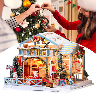 #ad Christmas Wooden Dollhouse Miniature Assembled House with Furniture Model Toy $54.54