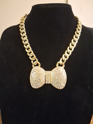 #ad Womens Silvertone Rhinestone Bow Curb Link Fashion Costume Jewelry Necklace $17.50