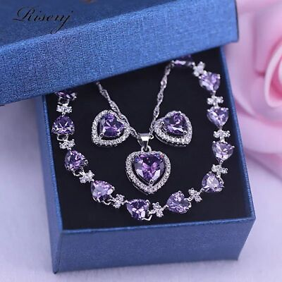 #ad Heart Purple Amethyst White Crystal Silver 925 Jewelry Earring Necklace Bracelet $14.39