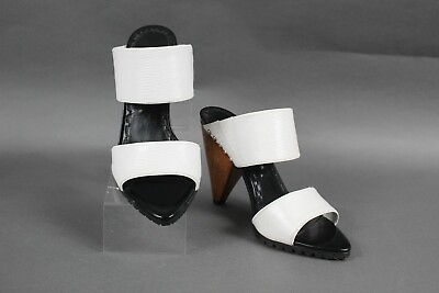 #ad Alice Olivia Sz 37 White Black Wood Heel Textured Open Toe 4quot; Heels 662Y $103.99