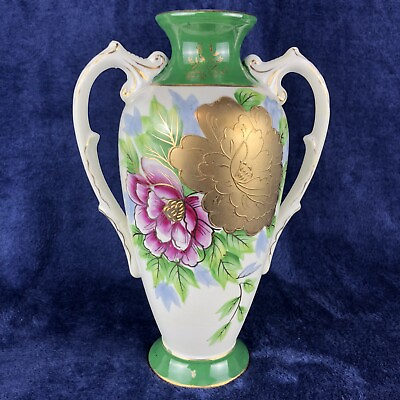 #ad Vintage Floral Double Handled Vase Urn purple Peony￼ Flower JAPAN 10” $22.94