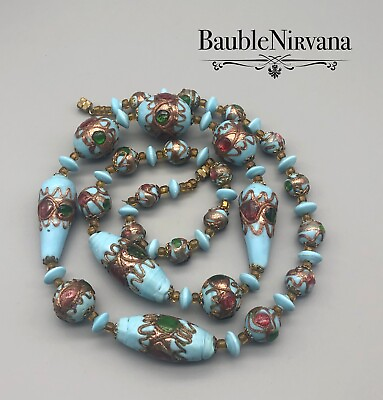 #ad Rare Venetian Art Glass Jeweled Wedding Cake Blue Beads Teardrop Round Elongated $480.99