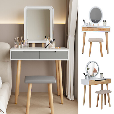 #ad Makeup Vanity Set Dressing Table Desk with Stool LED Lighted Mirror Drawers Wood $125.99