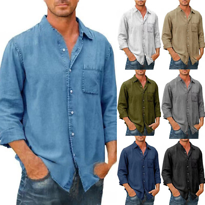 #ad Men Denim Shirt Long Sleeve Turn Down Collar Button Up Chest Pocket Casual Top❤ $14.62