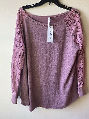 #ad Macy’s NY Collection Mauve Studded Blouse Top Size 3X Lace Long Sleeves NWT $14.99