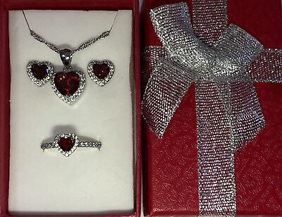 #ad Stunning Ruby Red CZ Heart Necklace Earrings amp; Ring Size 8 Set $19.50