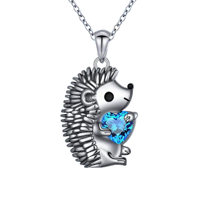 #ad Silvertone Hedgehog Blue Heart Pendant Necklace New $14.99