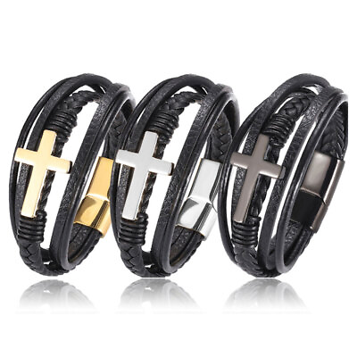 #ad Mens Braided Leather Bracelet for Mens Wristband Braided Cross Bracelet Religiou $12.99