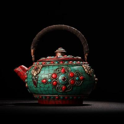 #ad 6.4#x27;#x27; Tibet temple bronze Tibetan silver turquoise gem Tea pot tea set tea maker $245.96