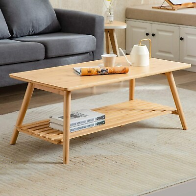 #ad Coffee Table Foldable Bamboo Mid Century Desk TV Stand with Open Storage Shelf C $216.97