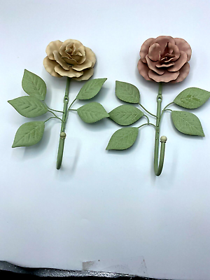 #ad Pair of Tole Metal Decor Country Chic Farm House Shabby Roses Hangers Wall Mount $18.99