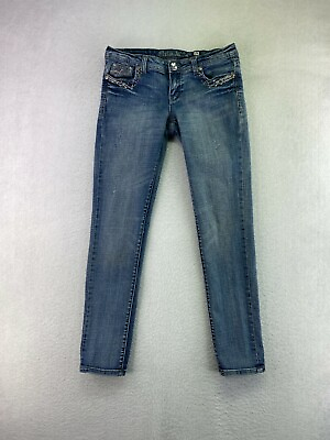 #ad Cielo Womens Jr Size 9 29 Dark Acid Wash Low Rise Embellished Bling Skinny Jeans $16.95