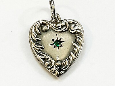 #ad Antique Vintage Sterling Heart Charm with Repousse amp; Green Stone $29.00