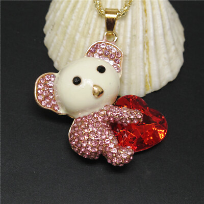 #ad New Holiday gifts Pink Enamel Cute Koala Heart Crystal Pendant Women Necklace $3.77