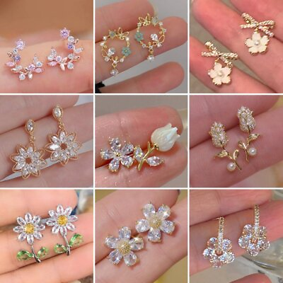 #ad Gold Plated Crystal Pearl Flower Earrings Ear Stud Women Charm Party Jewelry Hot C $1.44