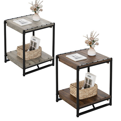 #ad Industrial End Table with 2 Tier Storage Shelves Square Wood Nightstand for Home $56.11