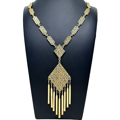 #ad Vintage Gold Tone Diamond Shape Filigree Pendant Necklace Dangle Tassels $48.61