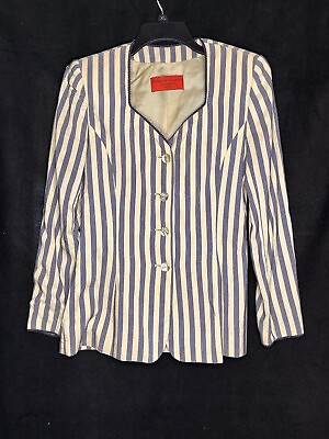 #ad Vintage Women V Neck Blazer Blue Pinstripes Emanuel Ungaro Parallele Paris Size $49.99