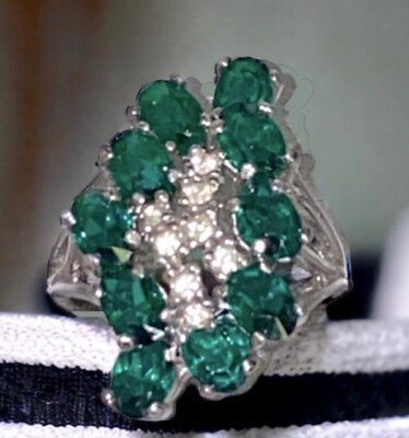 #ad Vintage Green Emerald Sterling Silver 925 Waterfall Cocktail Ring Sz 8 $49.99