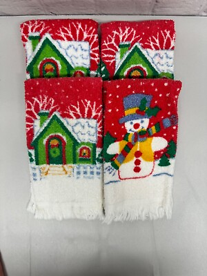 #ad Vtg Christmas Winter Fringed Kitchen Dish Hand Tea Towel USA Snowman Cottage $18.00