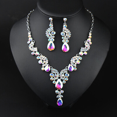 #ad Crystal Prom Wedding Party Bridal Jewelry Diamante Necklace Earrings Crown Set $9.20