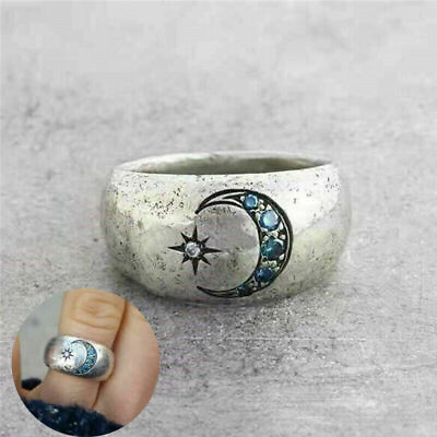 #ad Fa hion Jewelry Artificial Sapphire Ring Size 5 11 Moon Star Alloy Boho Handmade $7.12