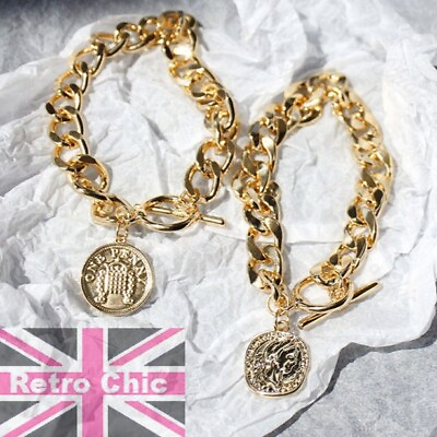 #ad GOLD PLATED toggle BRACELET coin charm CHUNKY 10mm CURB roman coins BLING heavy GBP 4.99