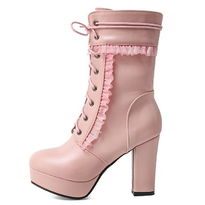 #ad Mid calf Boots Women Platform Lovely Sweet Lace Up Pink Lolita Shoes Large Size $95.87