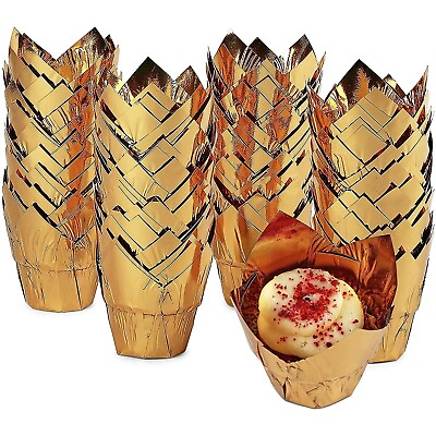 #ad 100 Pack Gold Foil Muffin and Tulip Cupcake Liners for Baking 3.25 x 2.8 In $15.99